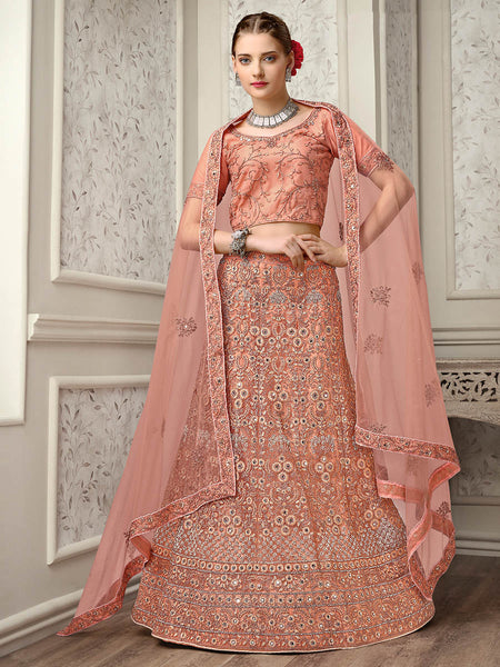 Myra Peach Net Heavy Embroidered Lehenga Choli