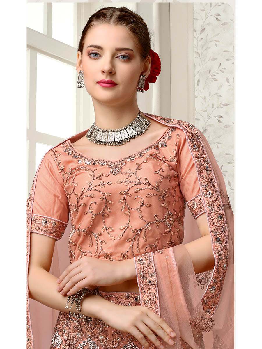 Myra Peach Net Heavy Embroidered Lehenga Choli