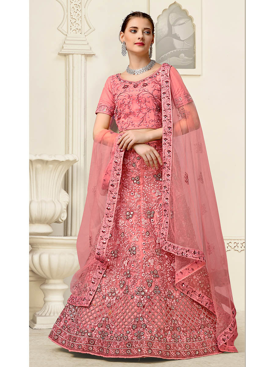Myra Dusty Pink Net Heavy Embroidered Lehenga Choli
