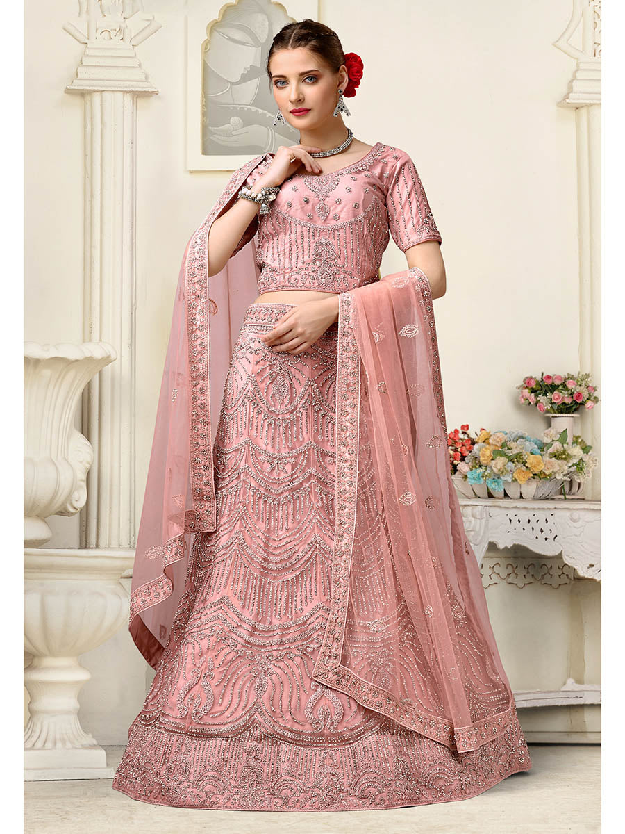 Myra Dusty Pink Net Heavy Embroidered Lehenga Choli