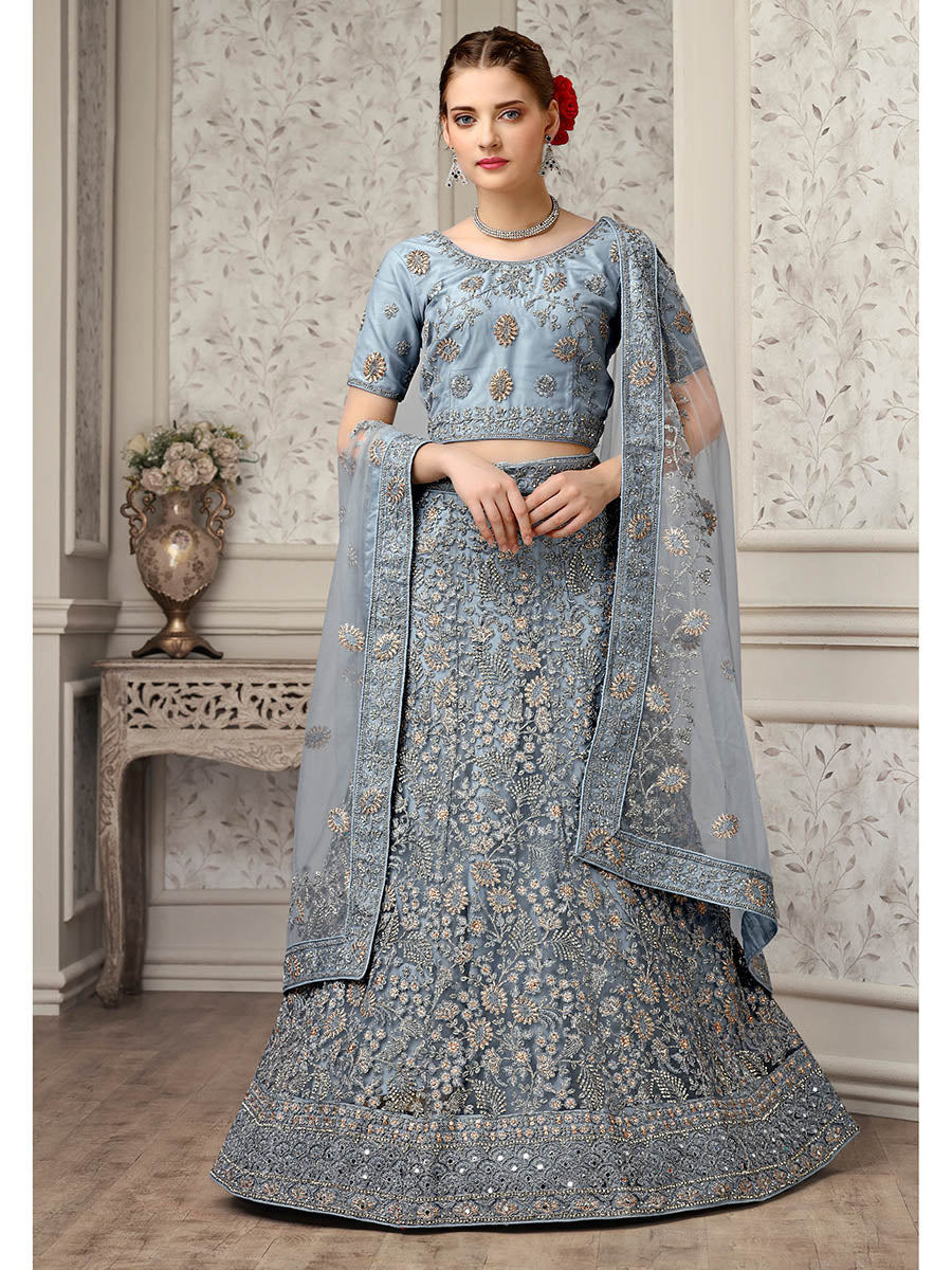 Myra Dusty Grey Net Heavy Embroidered Lehenga Choli