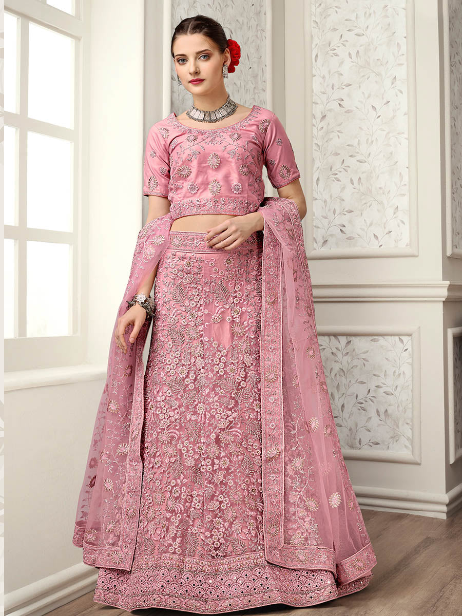 Myra Dusty Pink Net Heavy Embroidered Lehenga Choli