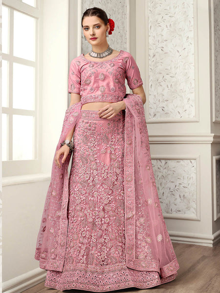 Myra Dusty Pink Net Heavy Embroidered Lehenga Choli