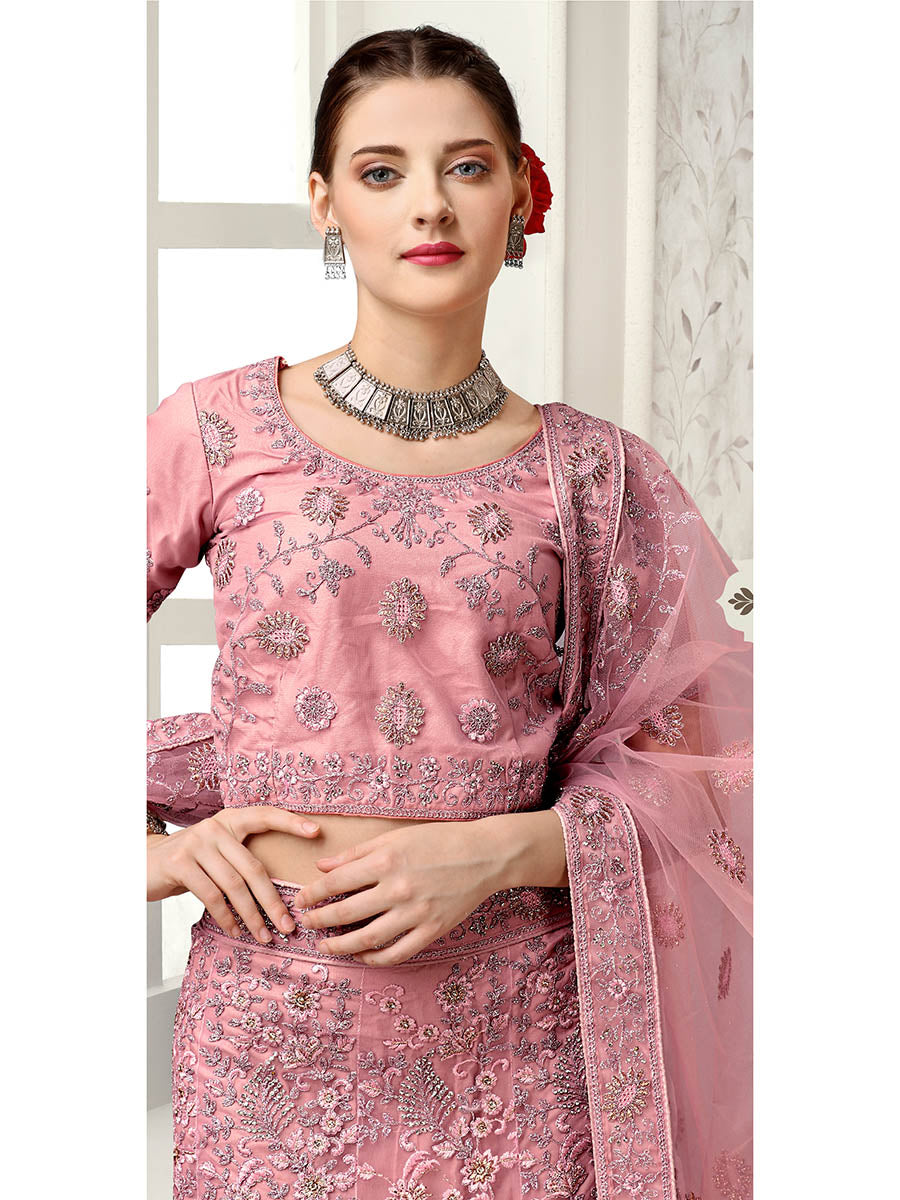 Myra Dusty Pink Net Heavy Embroidered Lehenga Choli