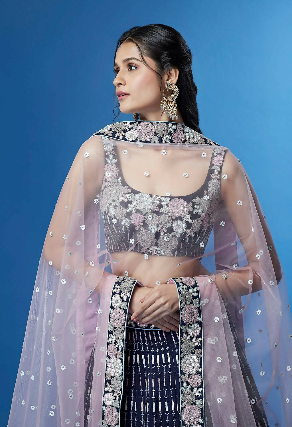 House of Panchhi Navy Blue Color Georgette Multi-Sequins Work Lehenga