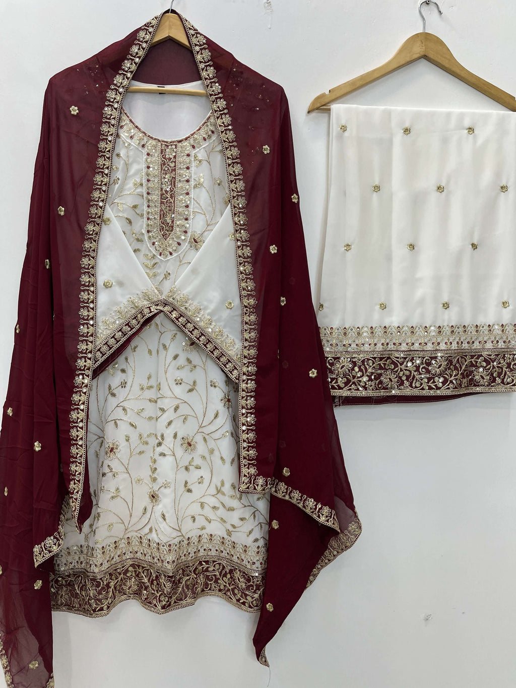 Teeya Creation White Color Faux Georgette Embroidery Work Long Party Wear Palazzo Suit - Distacart