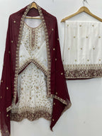 Teeya Creation White Color Faux Georgette Embroidery Work Long Party Wear Palazzo Suit - Distacart