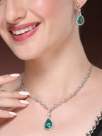 NVR Women's Silver-Plated Green American Diamond-Studded Handcrafted Jewellery Set