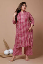 Miravan Women's Plus Size Pink Printed Gota Patti Cotton Kurta With Palazzo