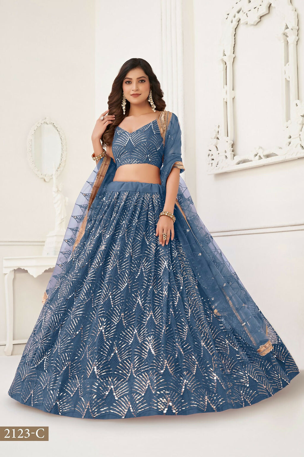 Eilara Glamorous Turquoise Net With Sequins And Thread Embroidery Real Mirror Work Lehenga Choli For Wedding