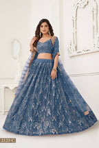 Eilara Glamorous Turquoise Net With Sequins And Thread Embroidery Real Mirror Work Lehenga Choli For Wedding