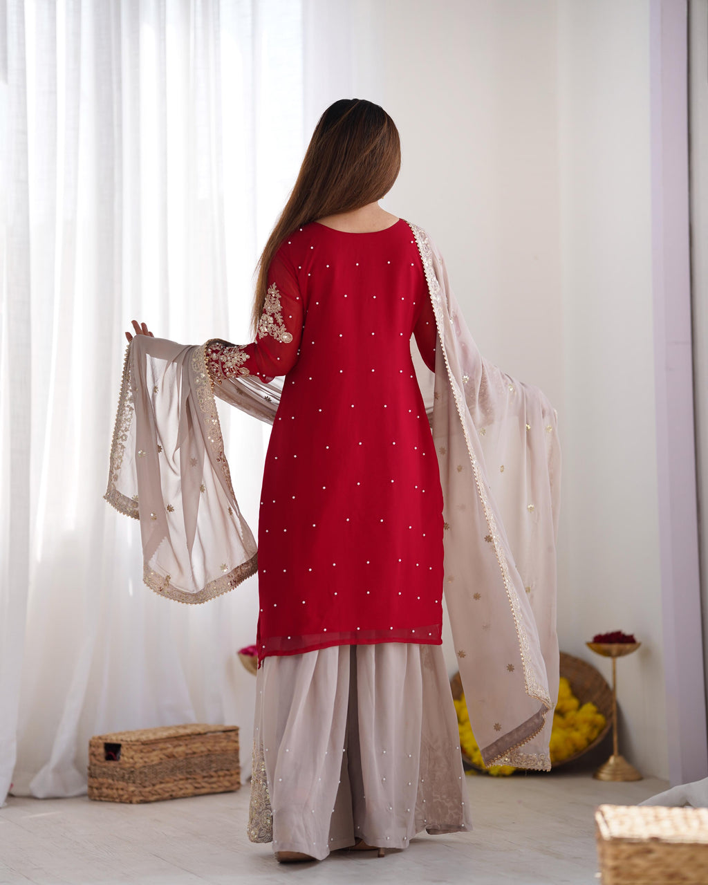 Teeya Creation Red Color Faux Georgette Heavy Embroidery Work Fully Stitched Sharara Suit - Distacart