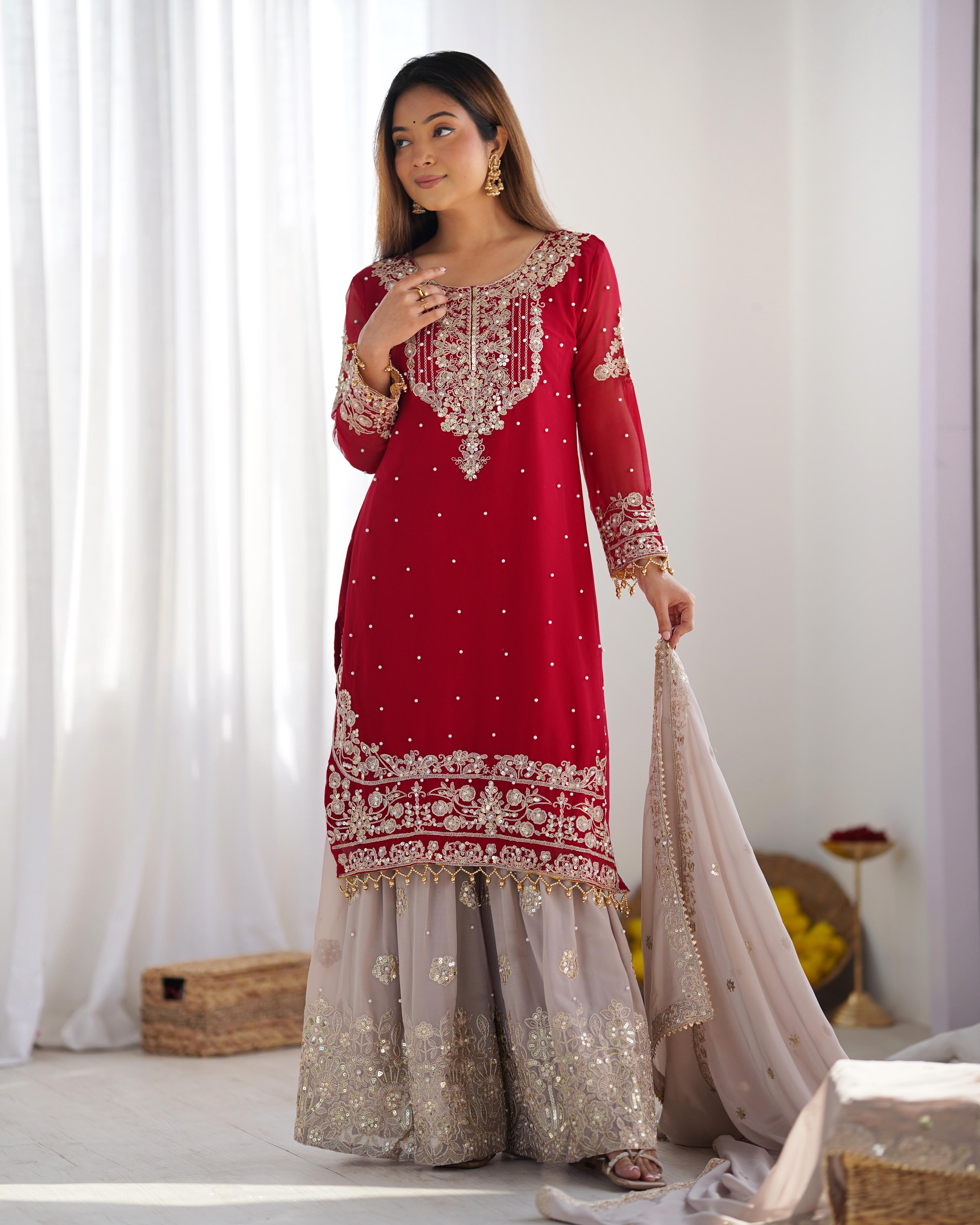 Teeya Creation Red Color Faux Georgette Heavy Embroidery Work Fully Stitched Sharara Suit - Distacart
