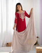 Teeya Creation Red Color Faux Georgette Heavy Embroidery Work Fully Stitched Sharara Suit - Distacart
