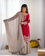 Teeya Creation Red Color Faux Georgette Heavy Embroidery Work Fully Stitched Sharara Suit - Distacart