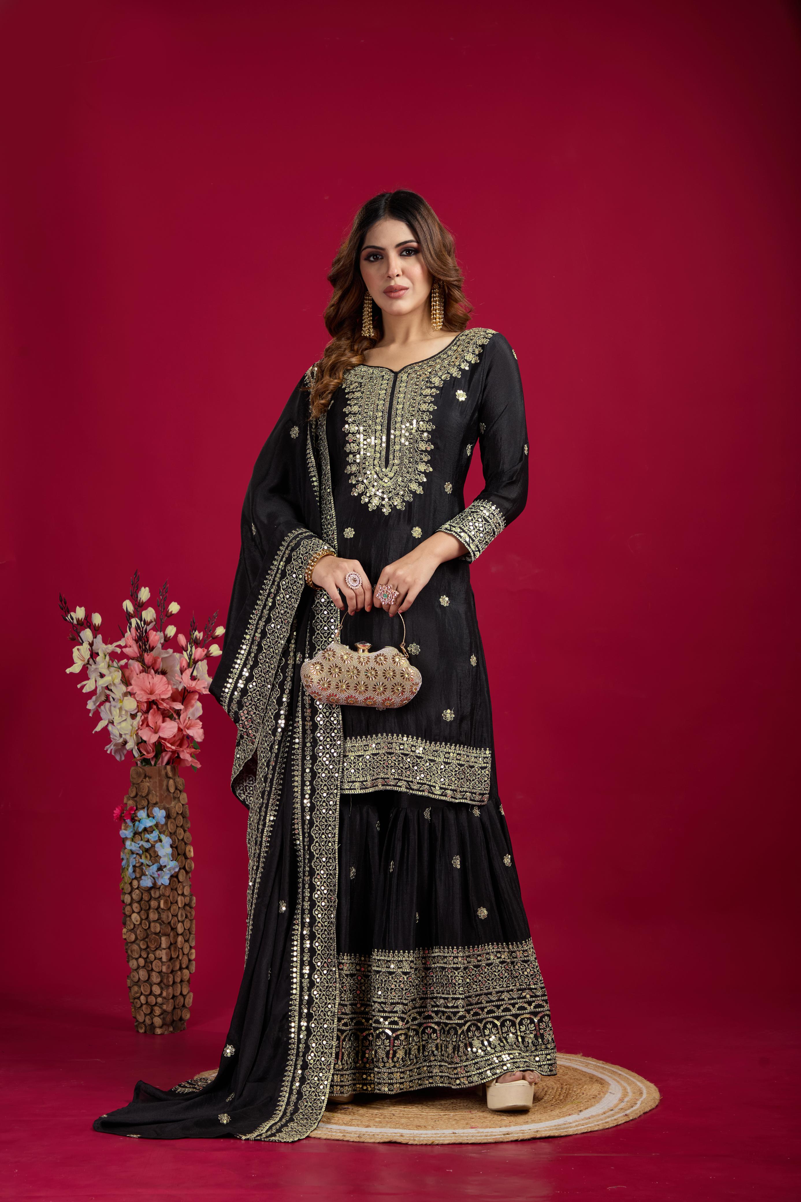 Teeya Creation Black Color Chinnon Silk Heavy Embroidery Work Fully Stitched Sharara Suit