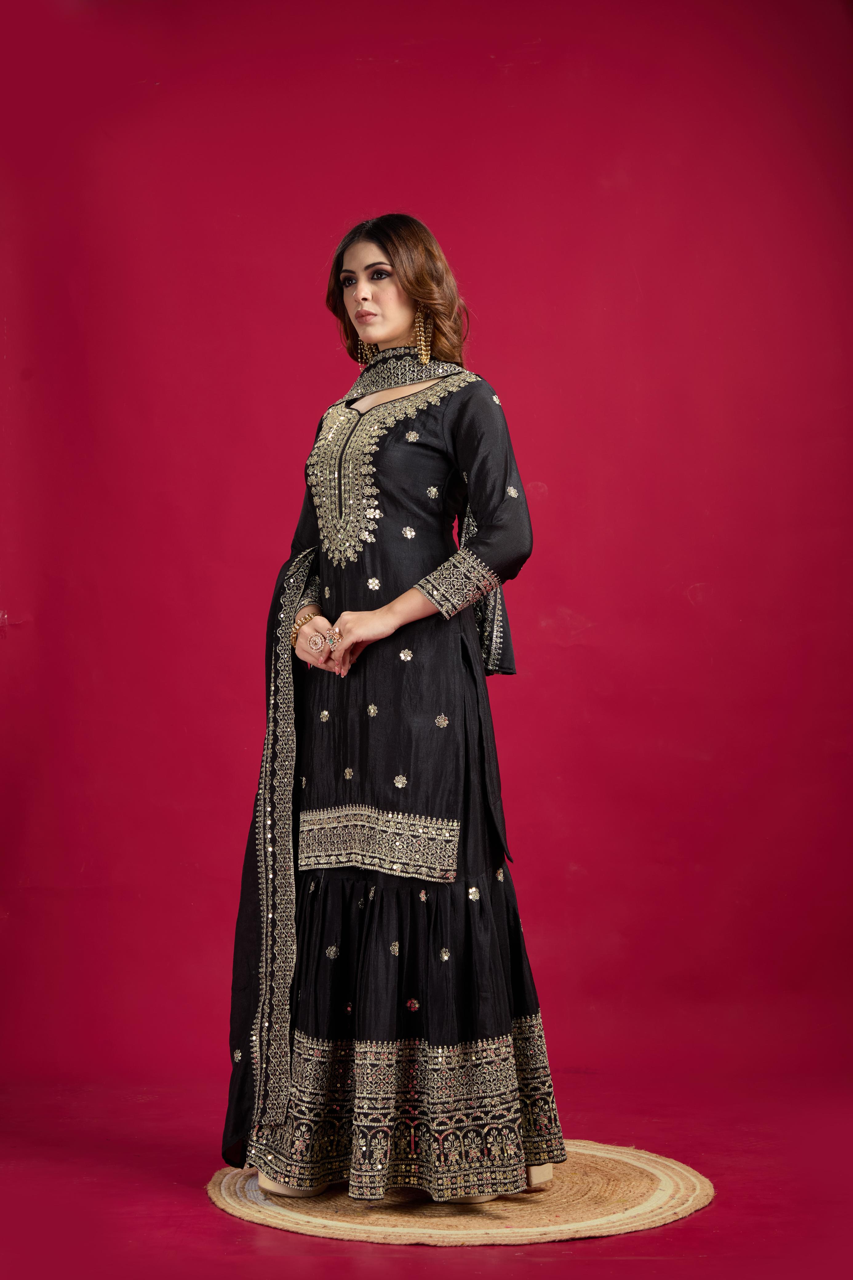 Teeya Creation Black Color Chinnon Silk Heavy Embroidery Work Fully Stitched Sharara Suit