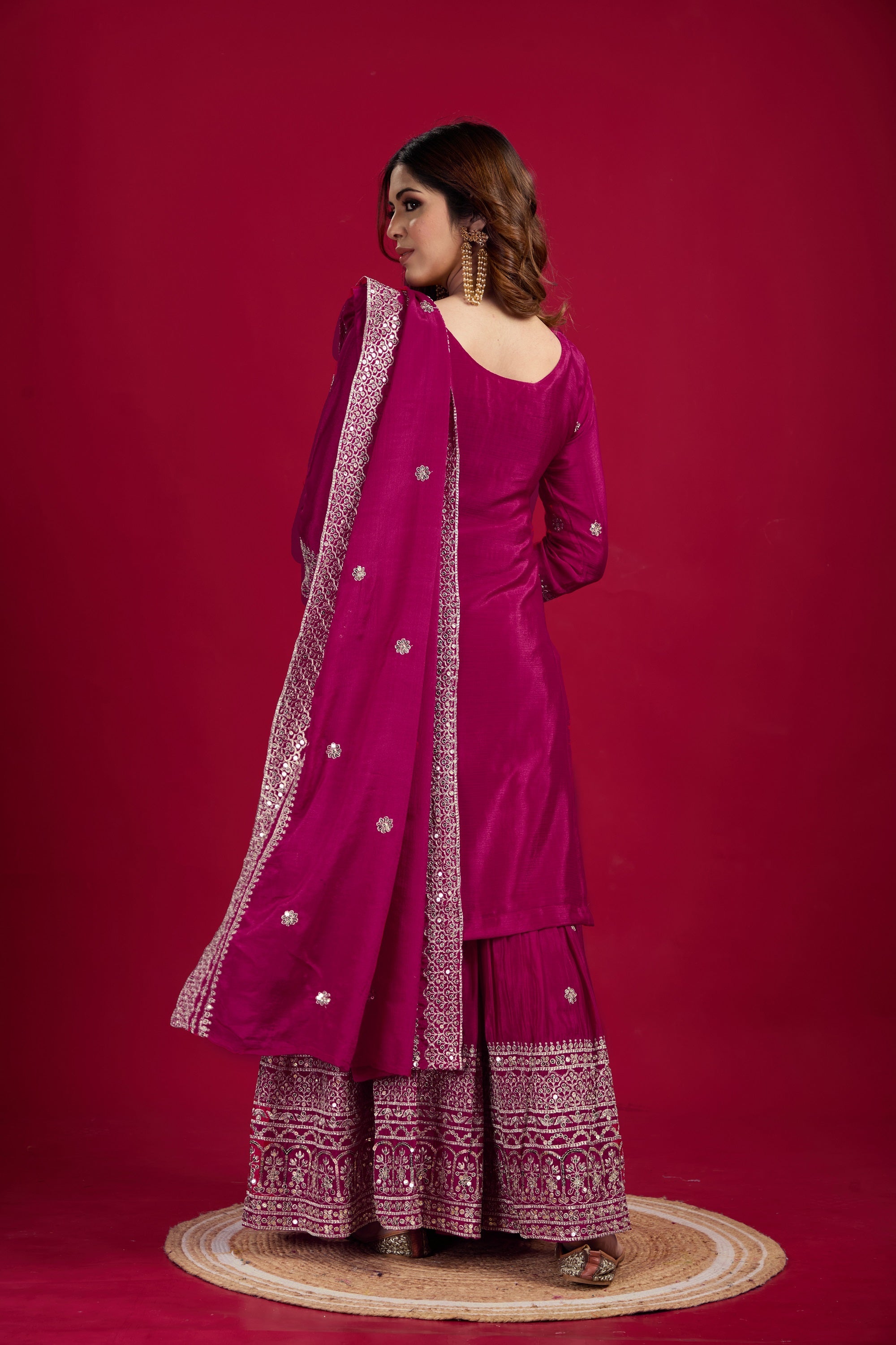Teeya Creation Rani Color Chinnon Silk Heavy Embroidery Work Fully Stitched Sharara Suit