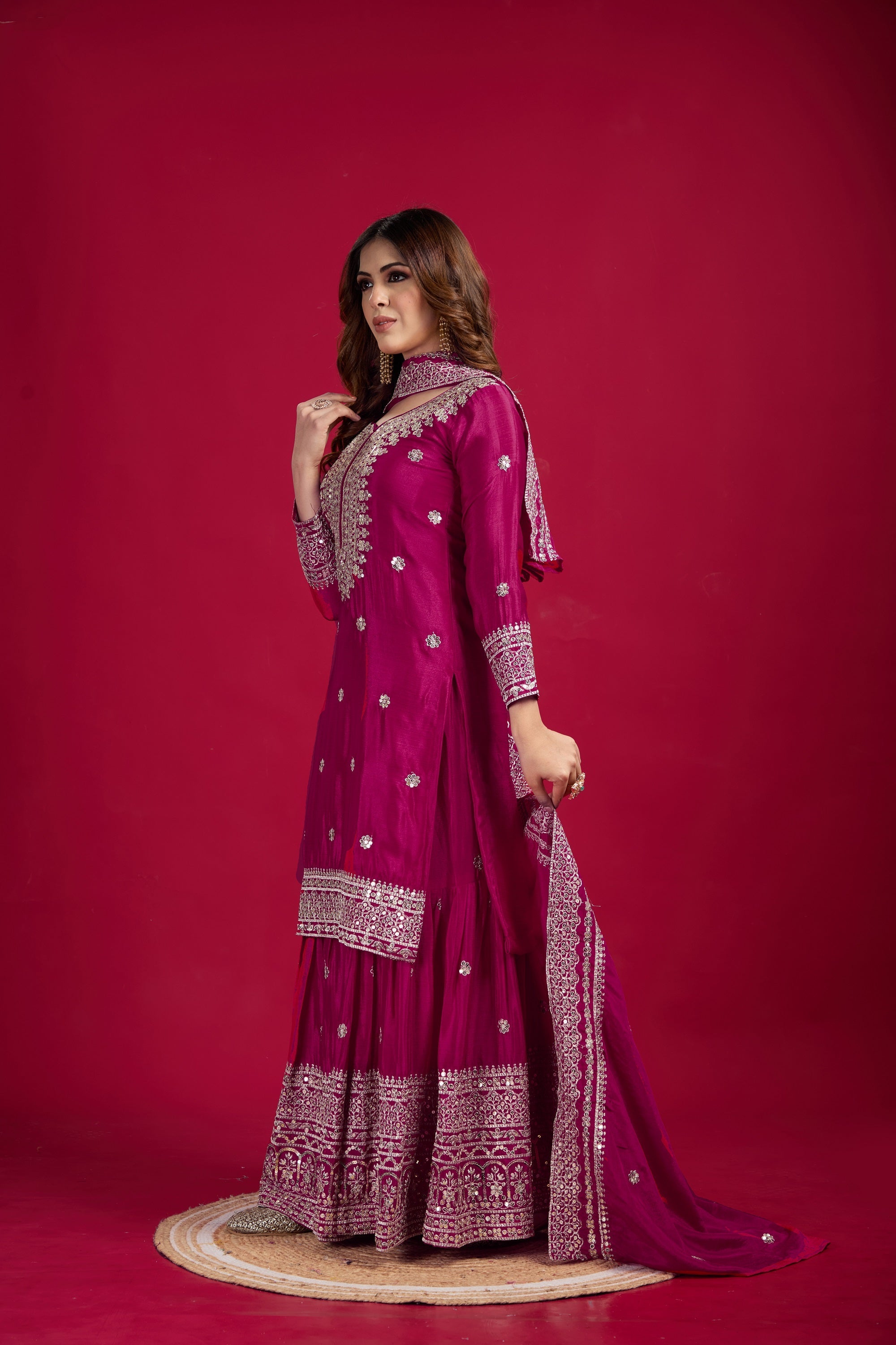 Teeya Creation Rani Color Chinnon Silk Heavy Embroidery Work Fully Stitched Sharara Suit