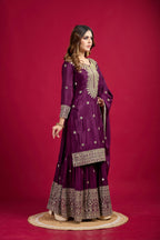 Teeya Creation Violet Color Chinnon Silk Heavy Embroidery Work Fully Stitched Sharara Suit