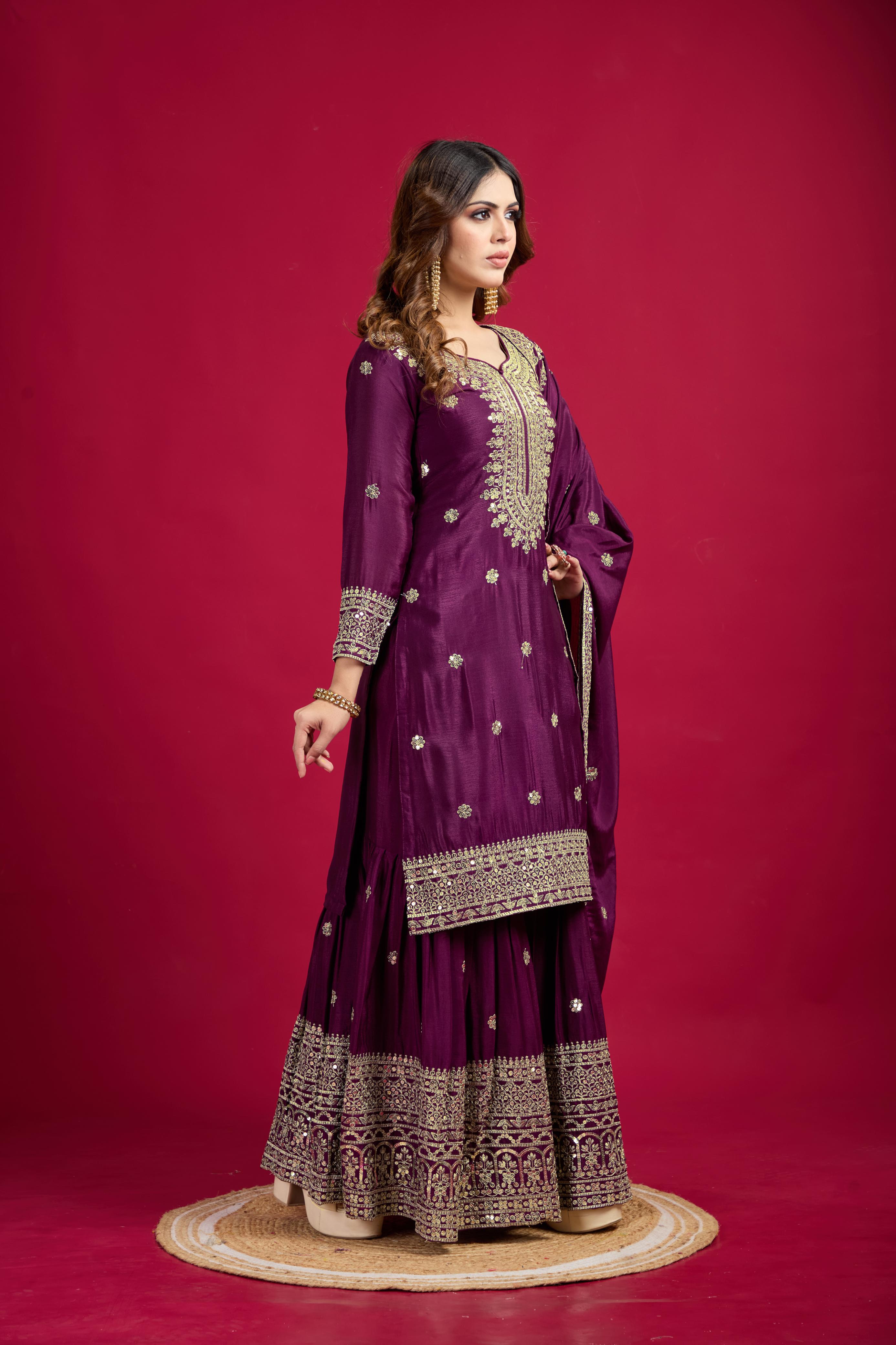 Teeya Creation Violet Color Chinnon Silk Heavy Embroidery Work Fully Stitched Sharara Suit
