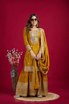 Teeya Creation Mustard Color Chinnon Silk Heavy Embroidery Work Fully Stitched Sharara Suit