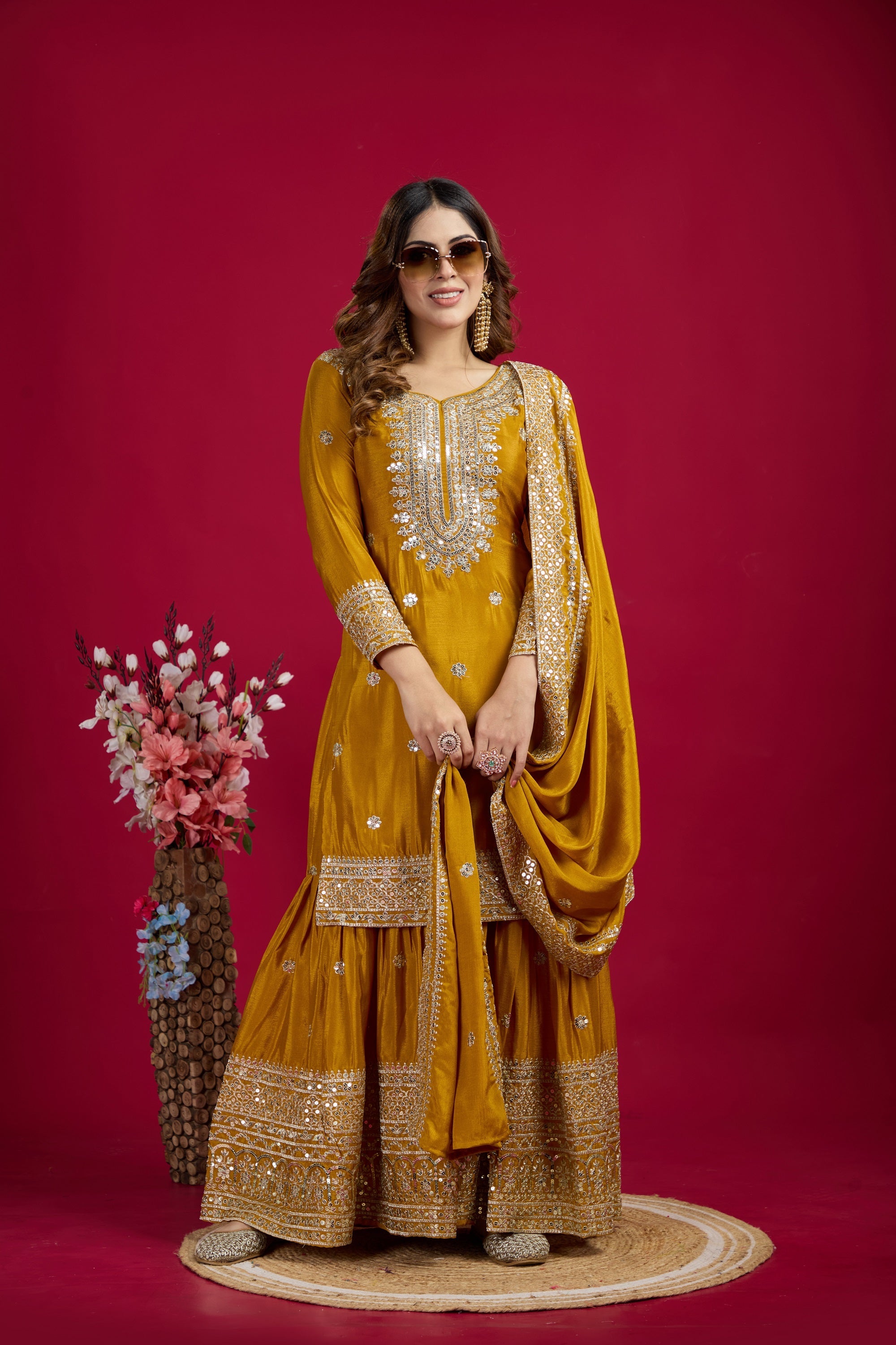 Teeya Creation Mustard Color Chinnon Silk Heavy Embroidery Work Fully Stitched Sharara Suit