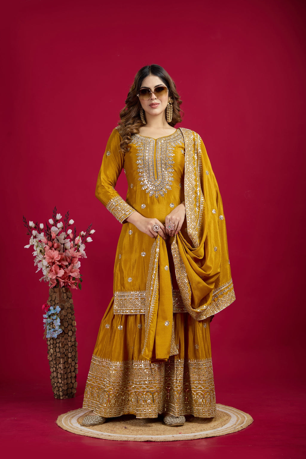 Teeya Creation Mustard Color Chinnon Silk Heavy Embroidery Work Fully Stitched Sharara Suit