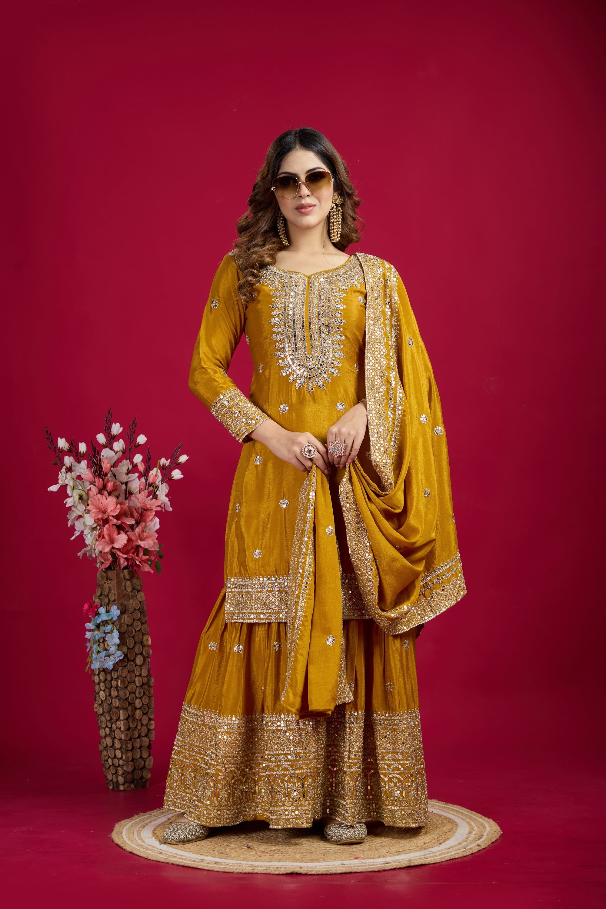 Teeya Creation Mustard Color Chinnon Silk Heavy Embroidery Work Fully Stitched Sharara Suit