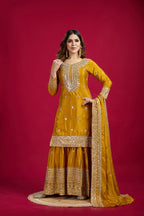 Teeya Creation Mustard Color Chinnon Silk Heavy Embroidery Work Fully Stitched Sharara Suit