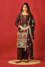 Teeya Creation Coffee Color Chinnon Silk Heavy Embroidery Work Fully Stitched Salwar Suit - Distacart