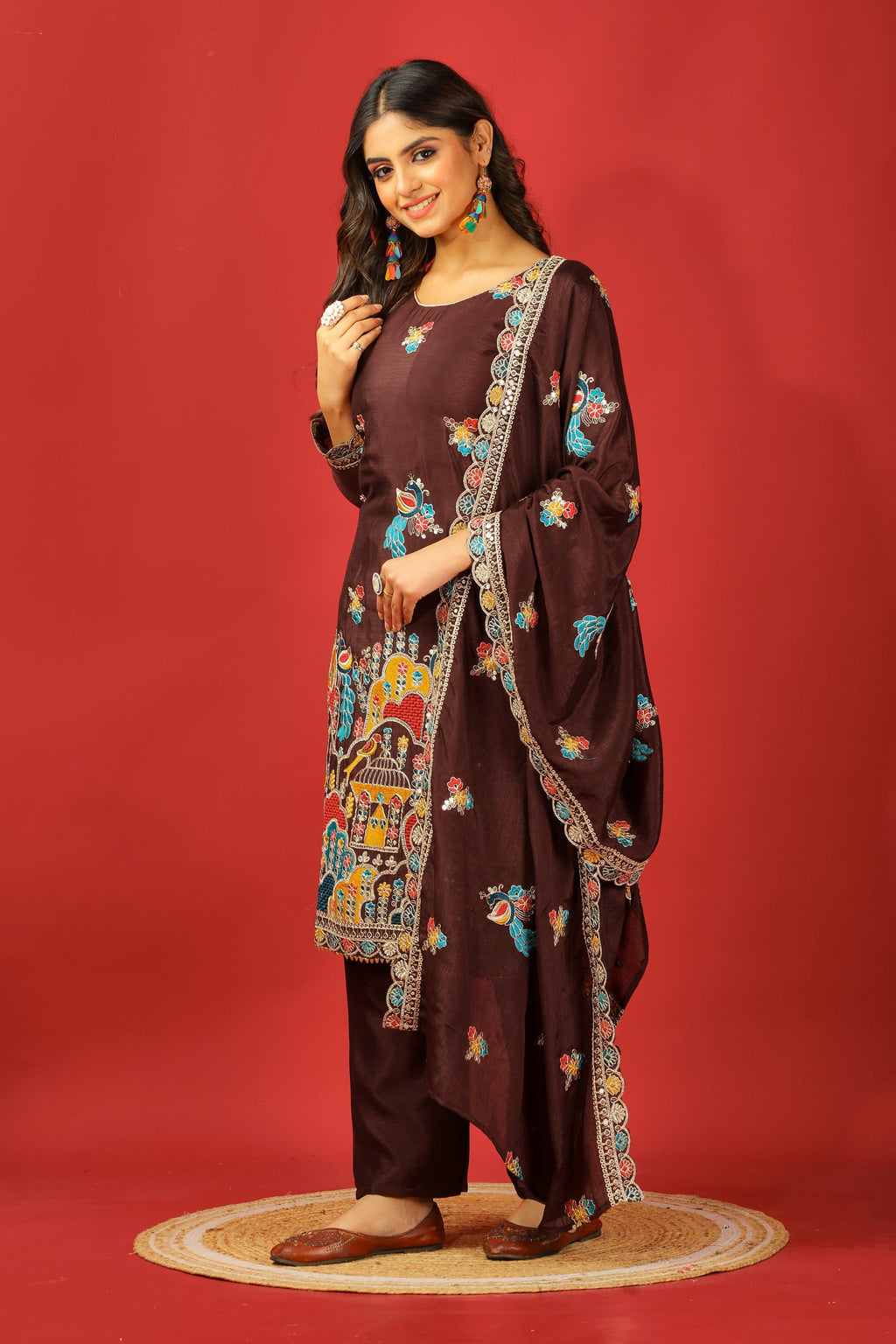 Teeya Creation Coffee Color Chinnon Silk Heavy Embroidery Work Fully Stitched Salwar Suit - Distacart