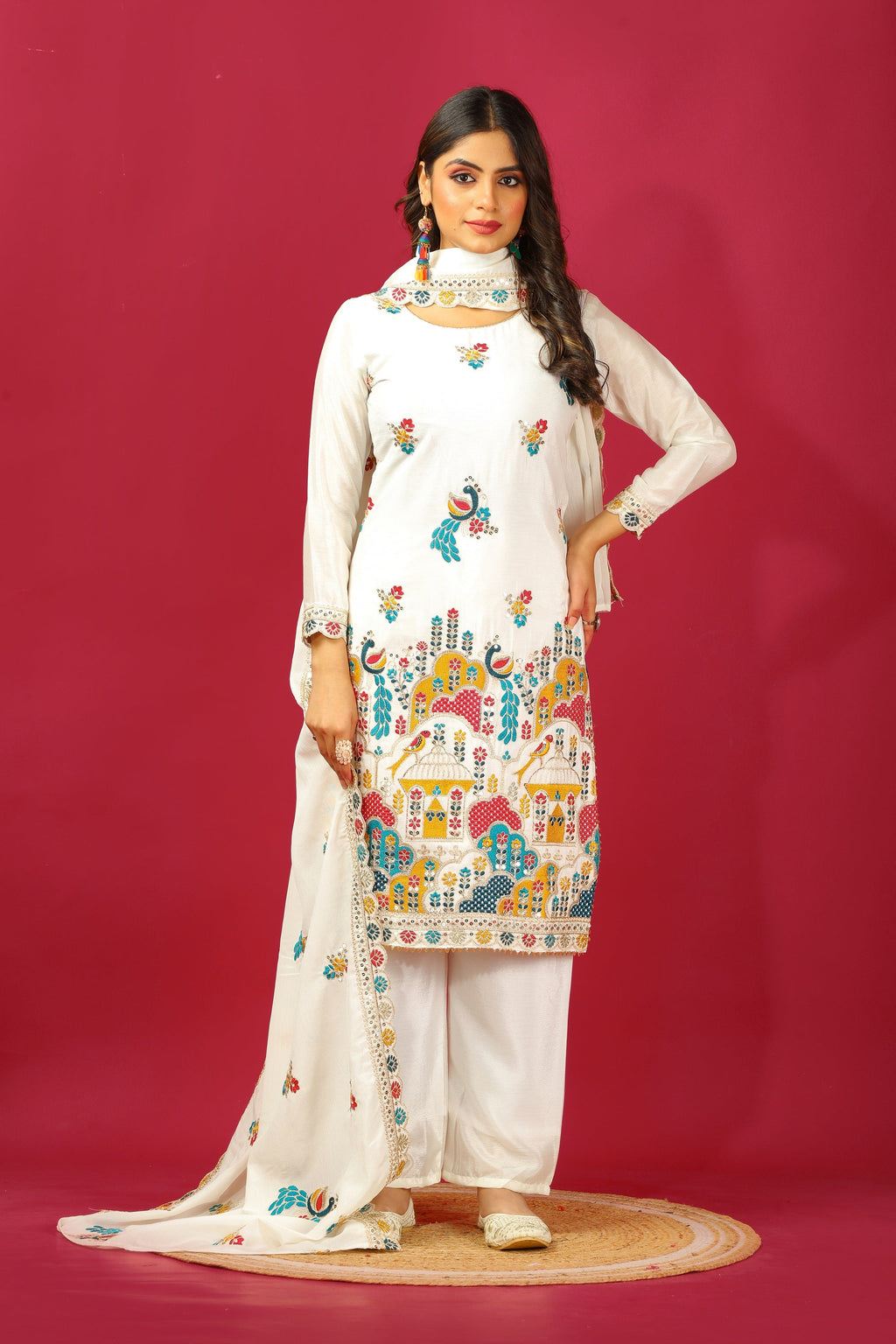 Teeya Creation White Color Chinnon Silk Heavy Embroidery Work Fully Stitched Salwar Suit - Distacart