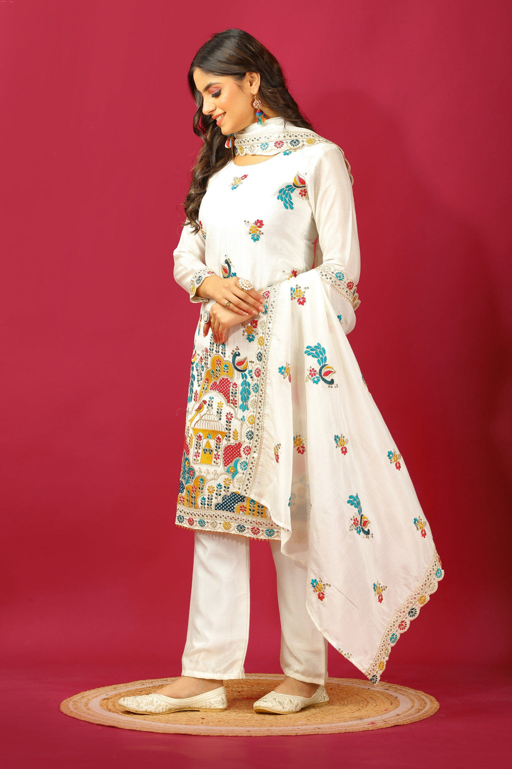 Teeya Creation White Color Chinnon Silk Heavy Embroidery Work Fully Stitched Salwar Suit - Distacart