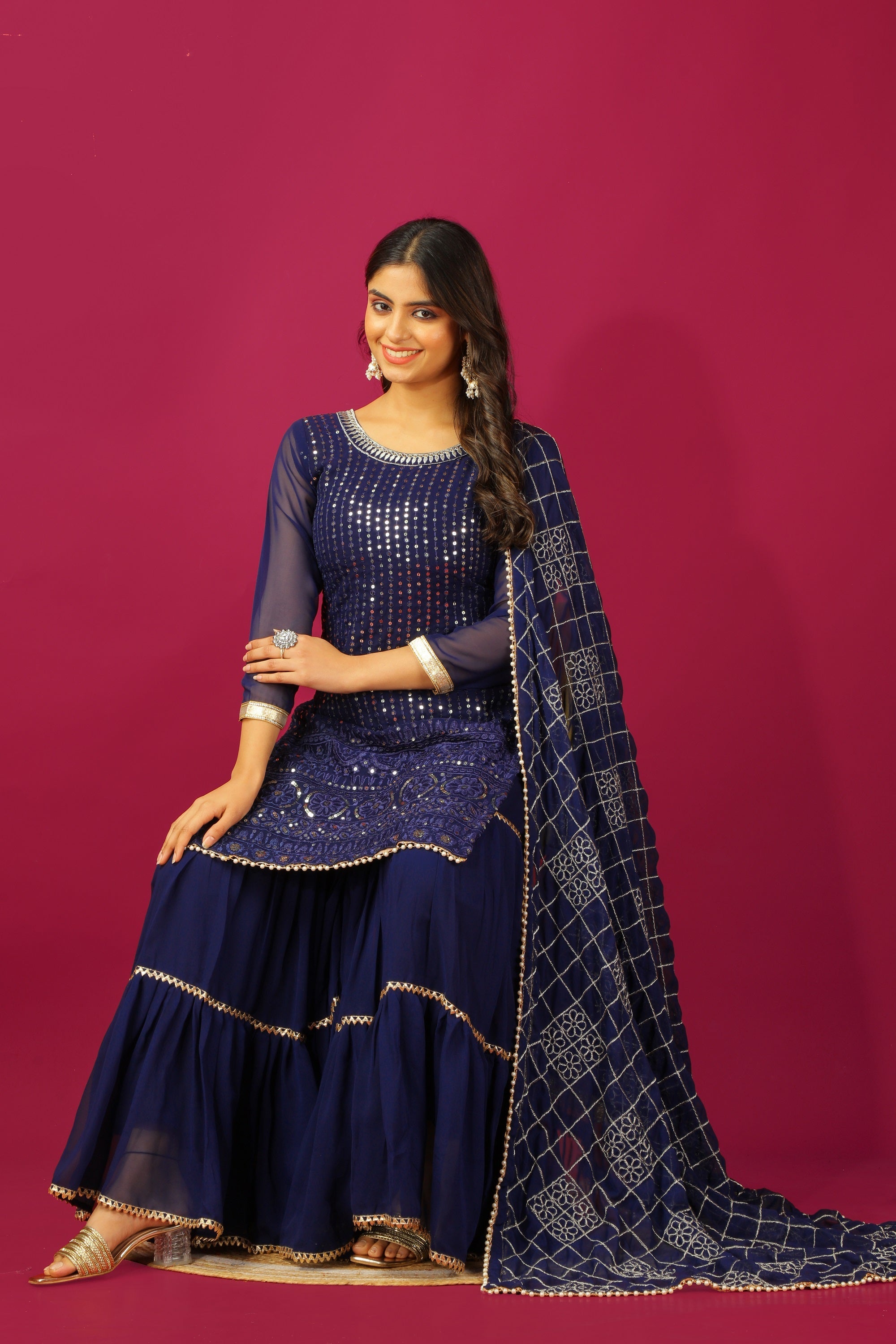 Teeya Creation Blue Color Faux Georgette Heavy Embroidery Work Fully Stitched Sharara Suit