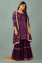 Teeya Creation Wine Color Faux Georgette Heavy Embroidery Work Fully Stitched Sharara Suit
