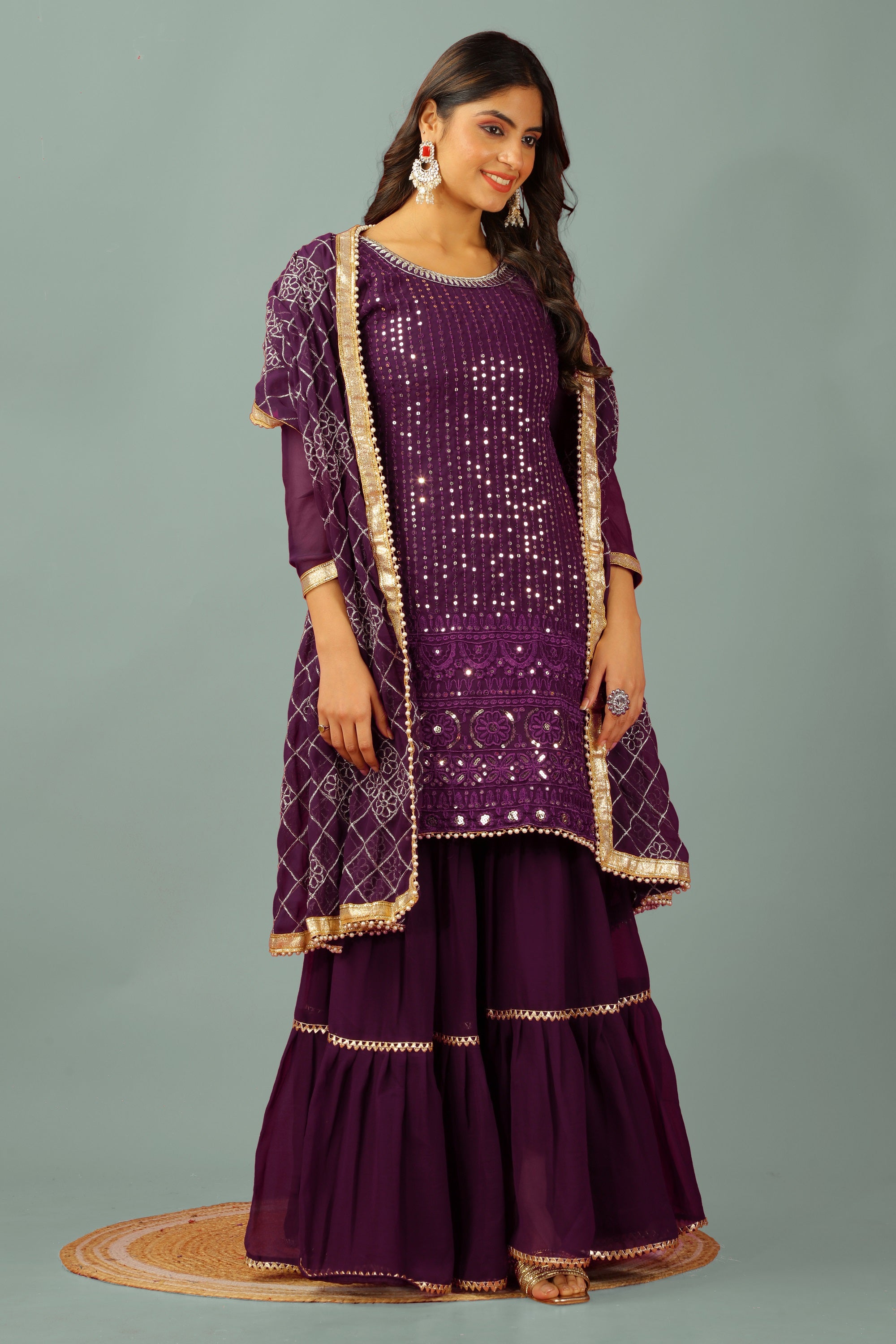 Teeya Creation Wine Color Faux Georgette Heavy Embroidery Work Fully Stitched Sharara Suit