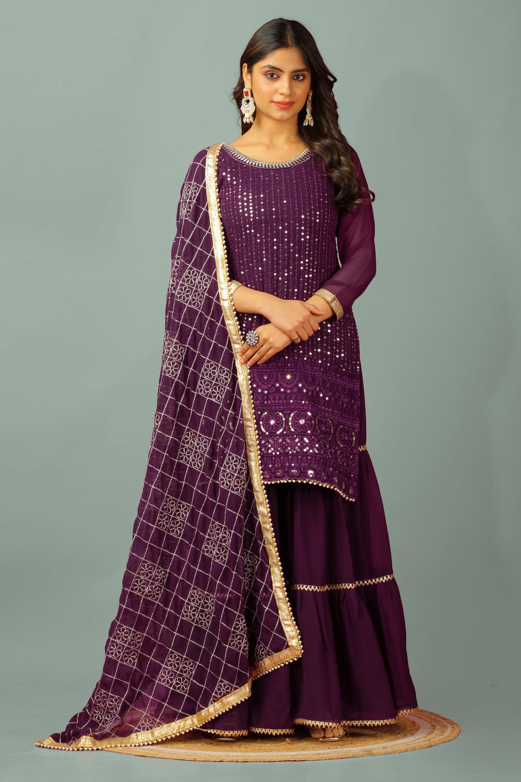 Teeya Creation Wine Color Faux Georgette Heavy Embroidery Work Fully Stitched Sharara Suit