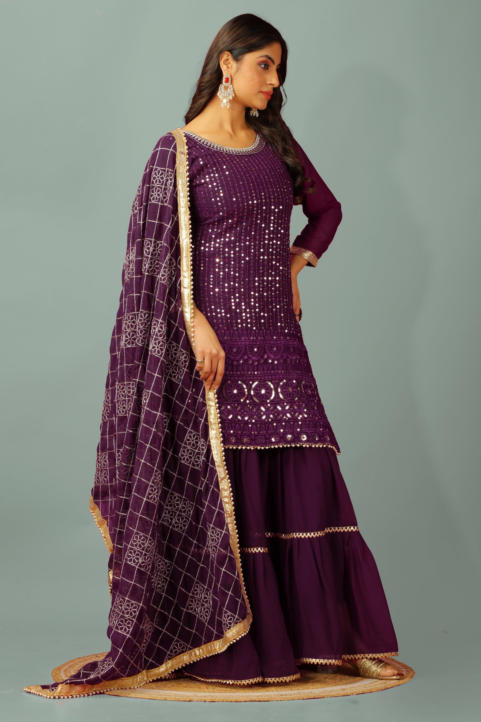 Teeya Creation Wine Color Faux Georgette Heavy Embroidery Work Fully Stitched Sharara Suit