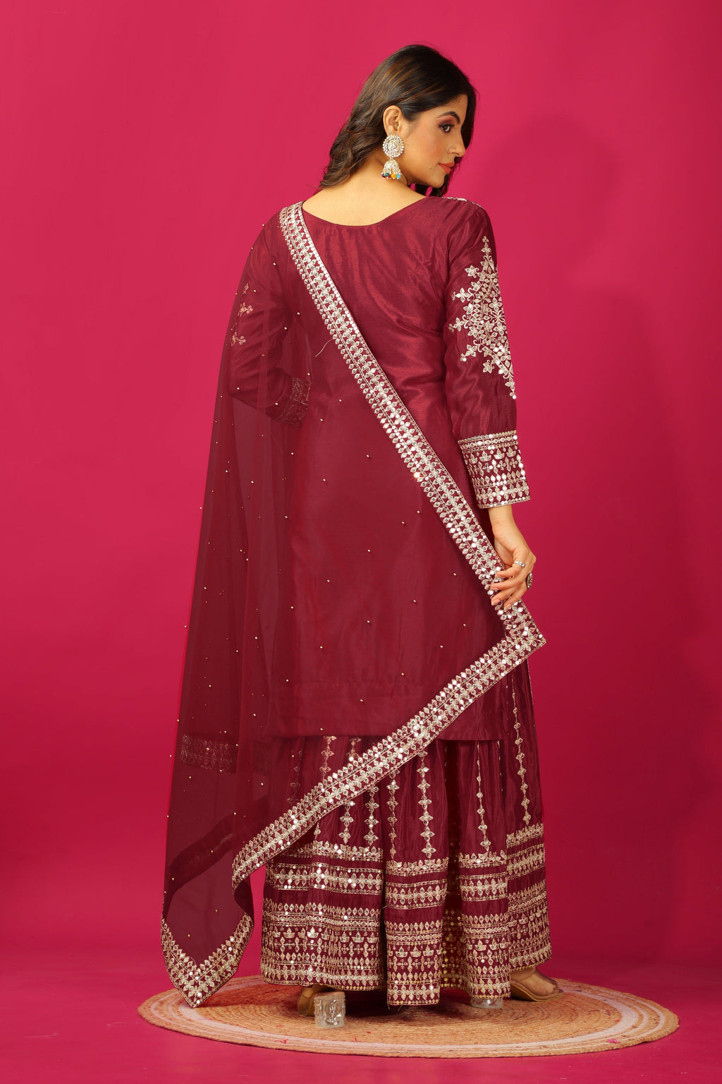 Teeya Creation Maroon Color Chinnon Silk Heavy Embroidery Work Fully Stitched Sharara Suit - Distacart