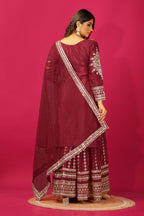 Teeya Creation Maroon Color Chinnon Silk Heavy Embroidery Work Fully Stitched Sharara Suit - Distacart