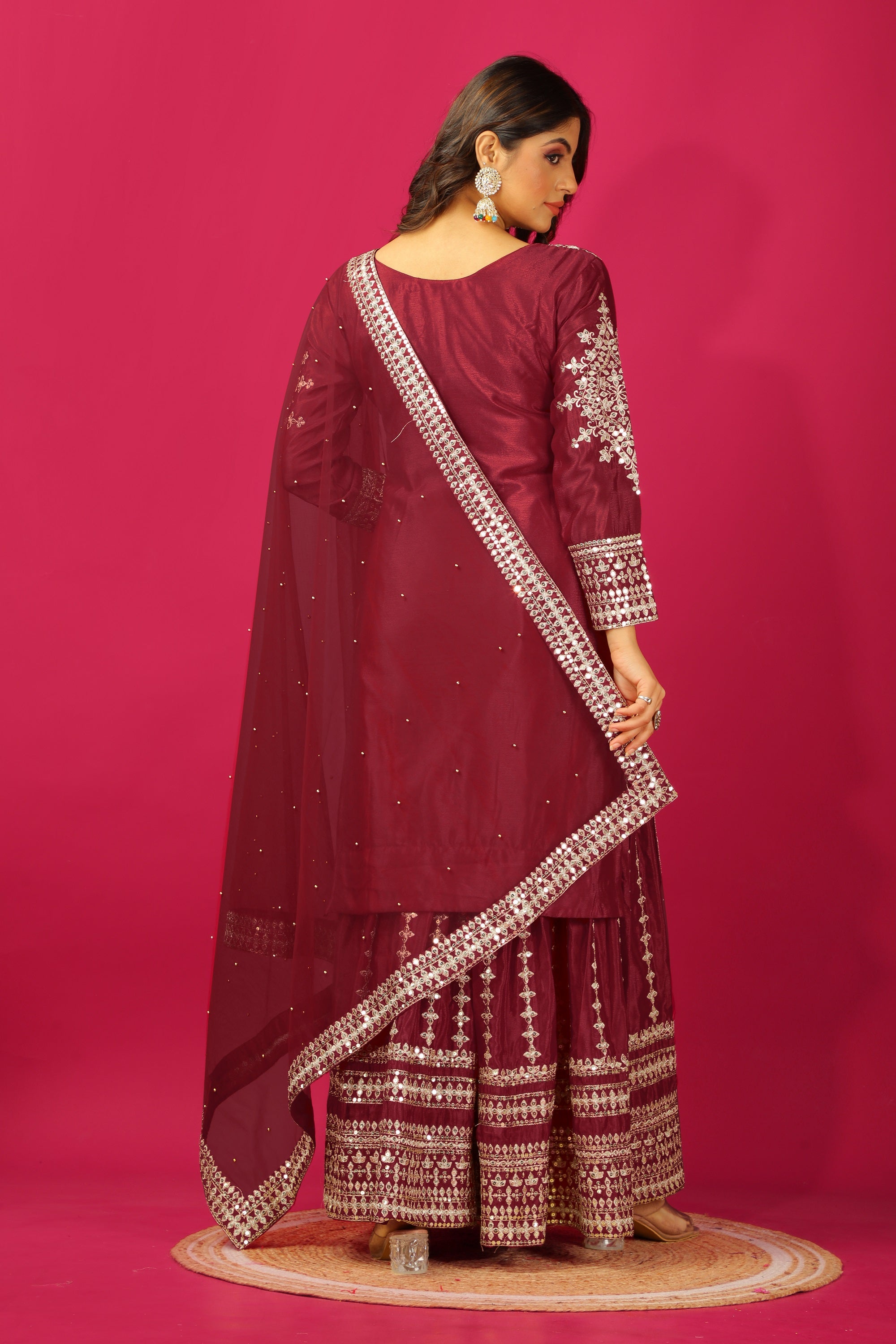 Teeya Creation Maroon Color Chinnon Silk Heavy Embroidery Work Fully Stitched Sharara Suit - Distacart