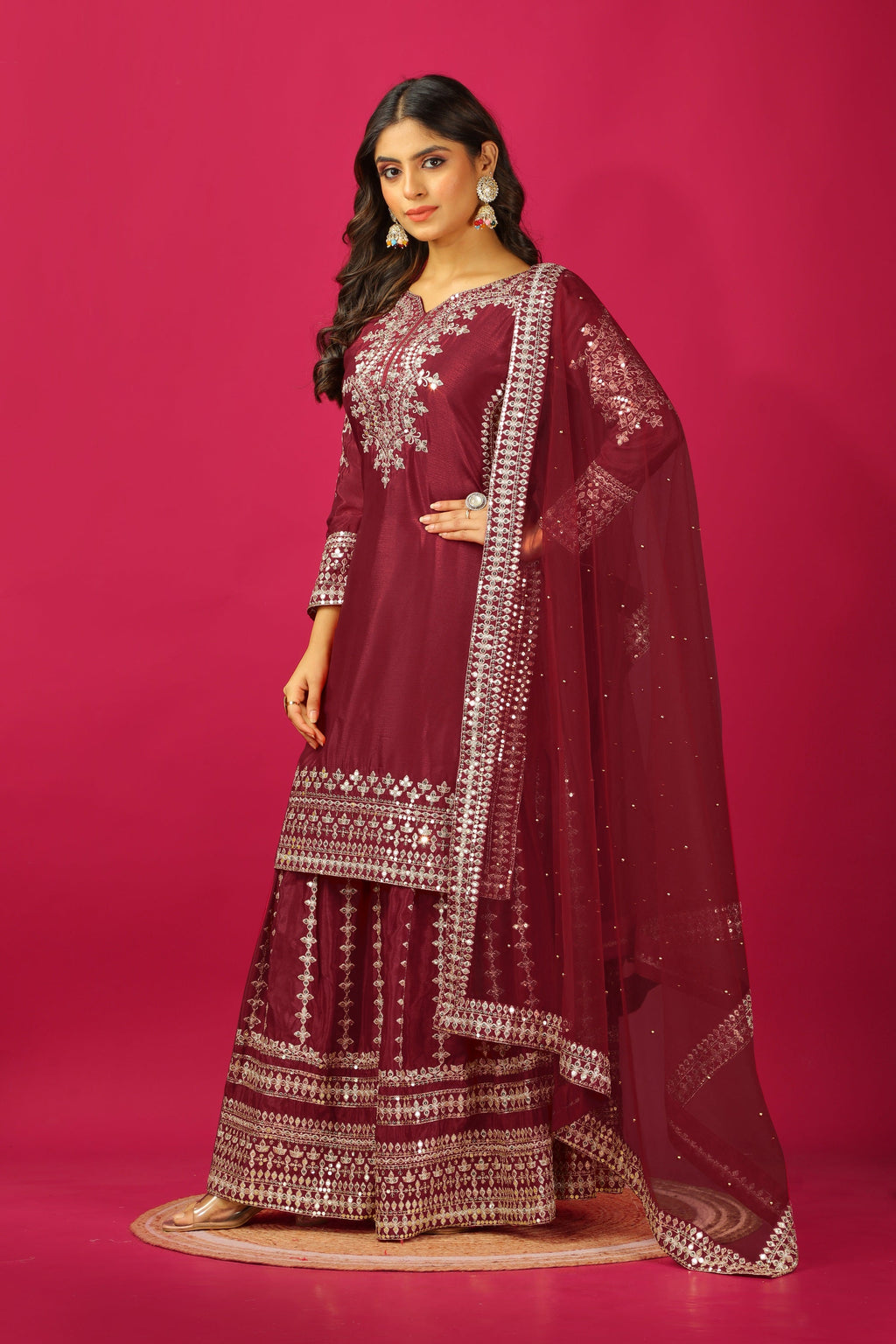 Teeya Creation Maroon Color Chinnon Silk Heavy Embroidery Work Fully Stitched Sharara Suit - Distacart