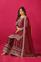 Teeya Creation Maroon Color Chinnon Silk Heavy Embroidery Work Fully Stitched Sharara Suit - Distacart