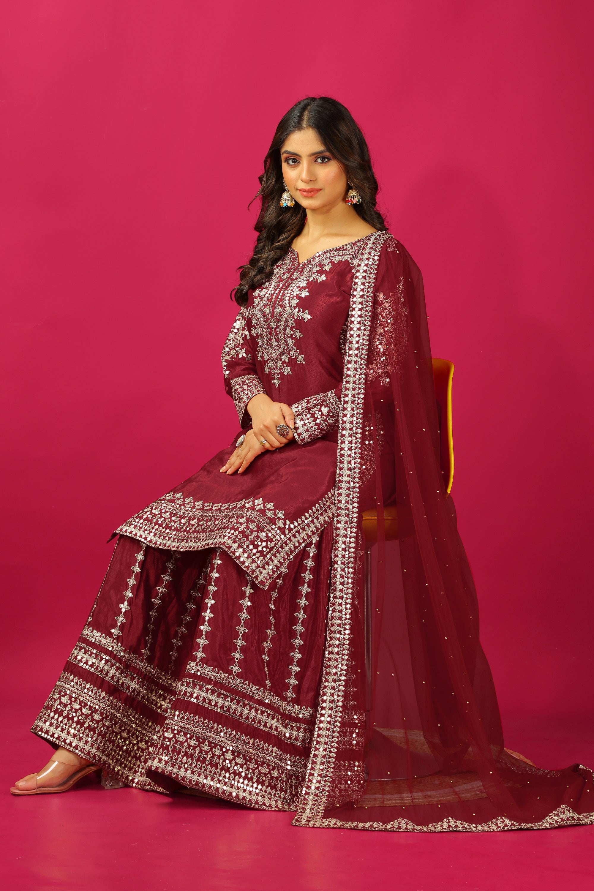Teeya Creation Maroon Color Chinnon Silk Heavy Embroidery Work Fully Stitched Sharara Suit - Distacart