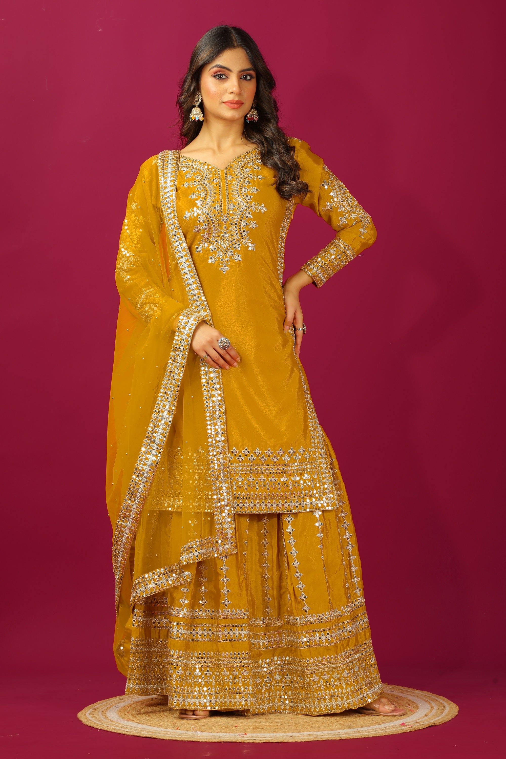Teeya Creation Mustard Color Chinnon Silk Heavy Embroidery Work Fully Stitched Sharara Suit - Distacart