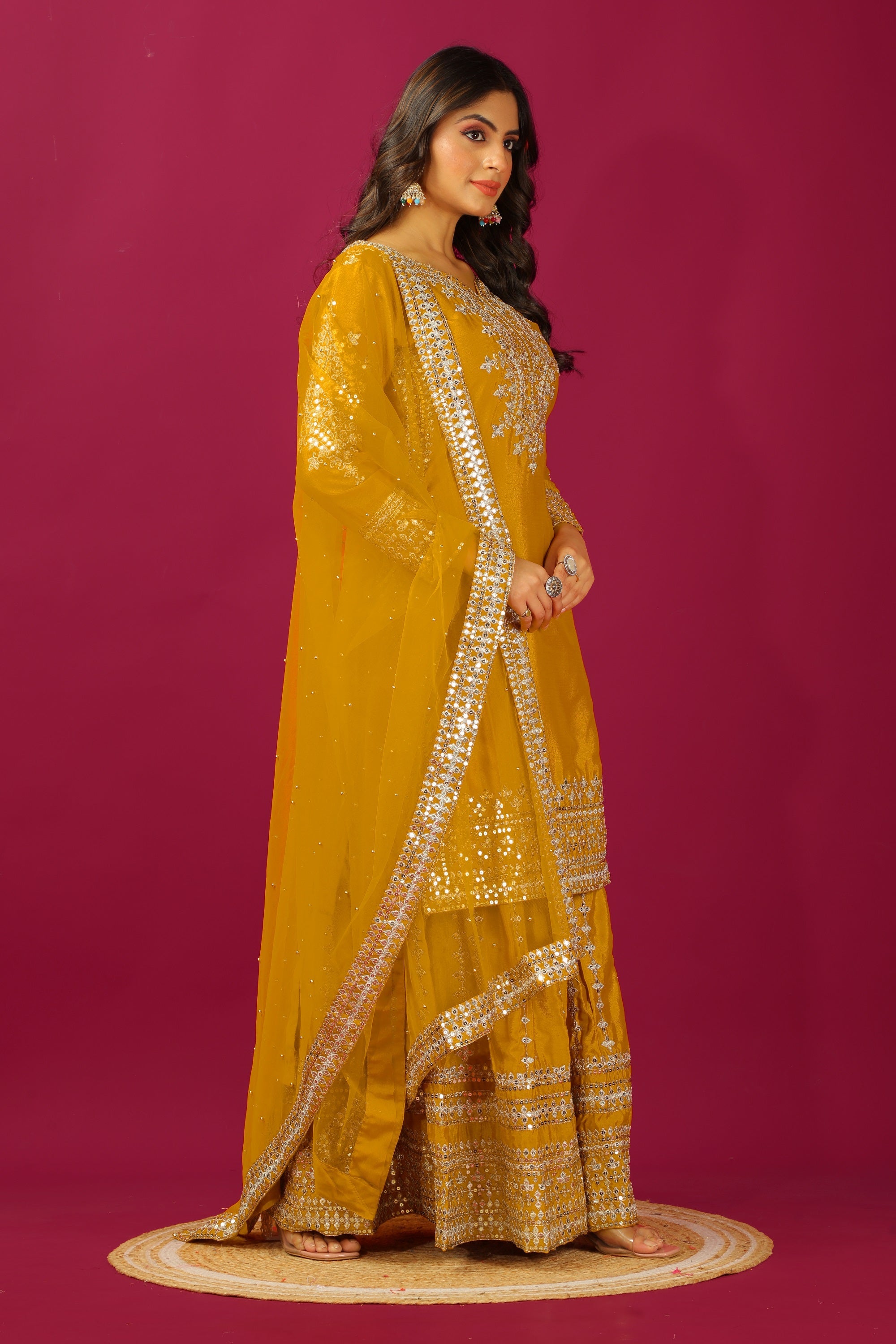 Teeya Creation Mustard Color Chinnon Silk Heavy Embroidery Work Fully Stitched Sharara Suit - Distacart