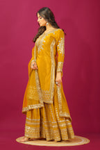 Teeya Creation Mustard Color Chinnon Silk Heavy Embroidery Work Fully Stitched Sharara Suit - Distacart