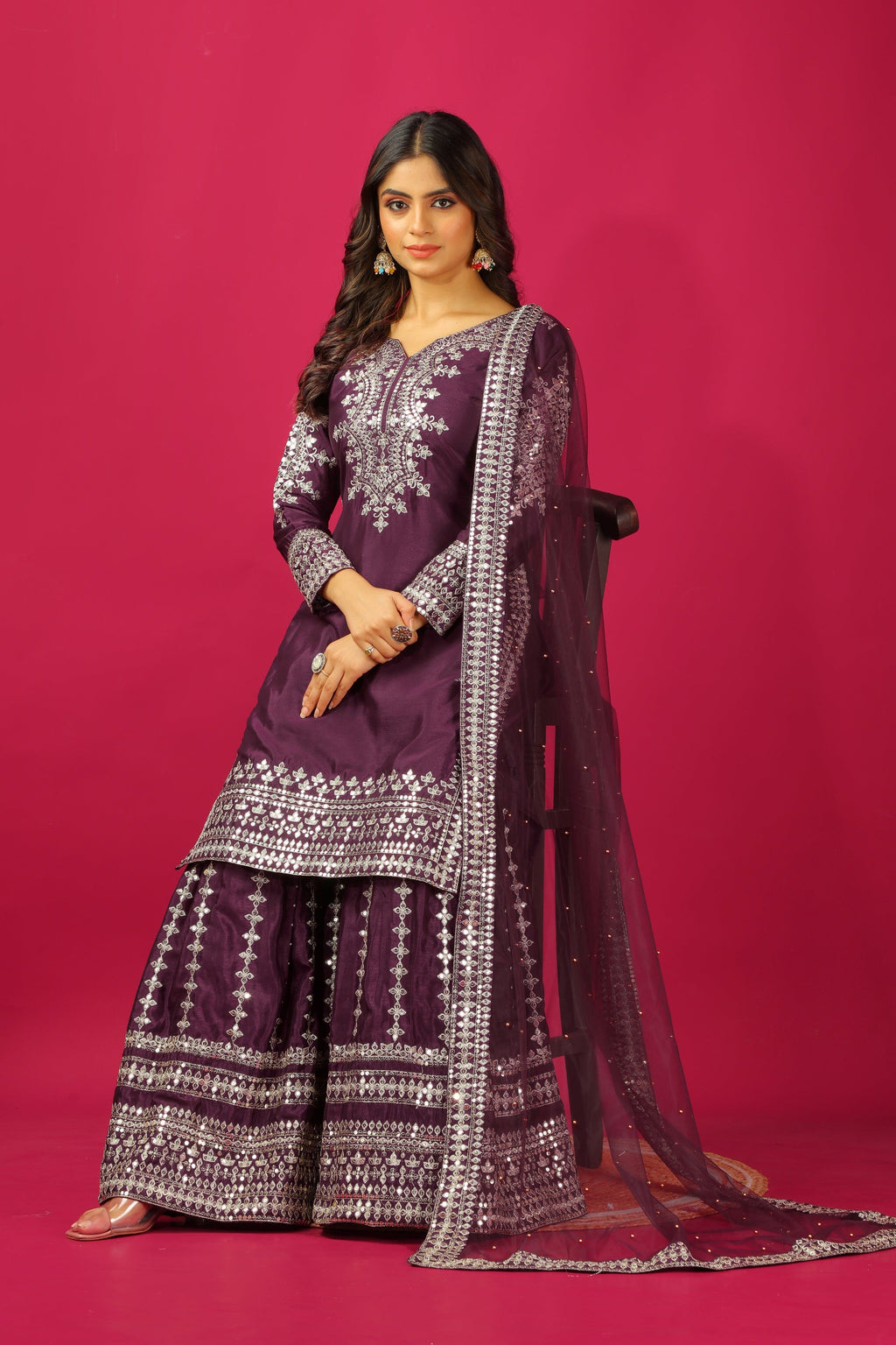 Teeya Creation Violet Color Chinnon Silk Heavy Embroidery Work Fully Stitched Sharara Suit - Distacart