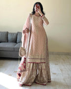 Teeya Creation Peach Color Faux Georgette Heavy Embroidery Work Pakistani Style Fully Stiched Palazo Set